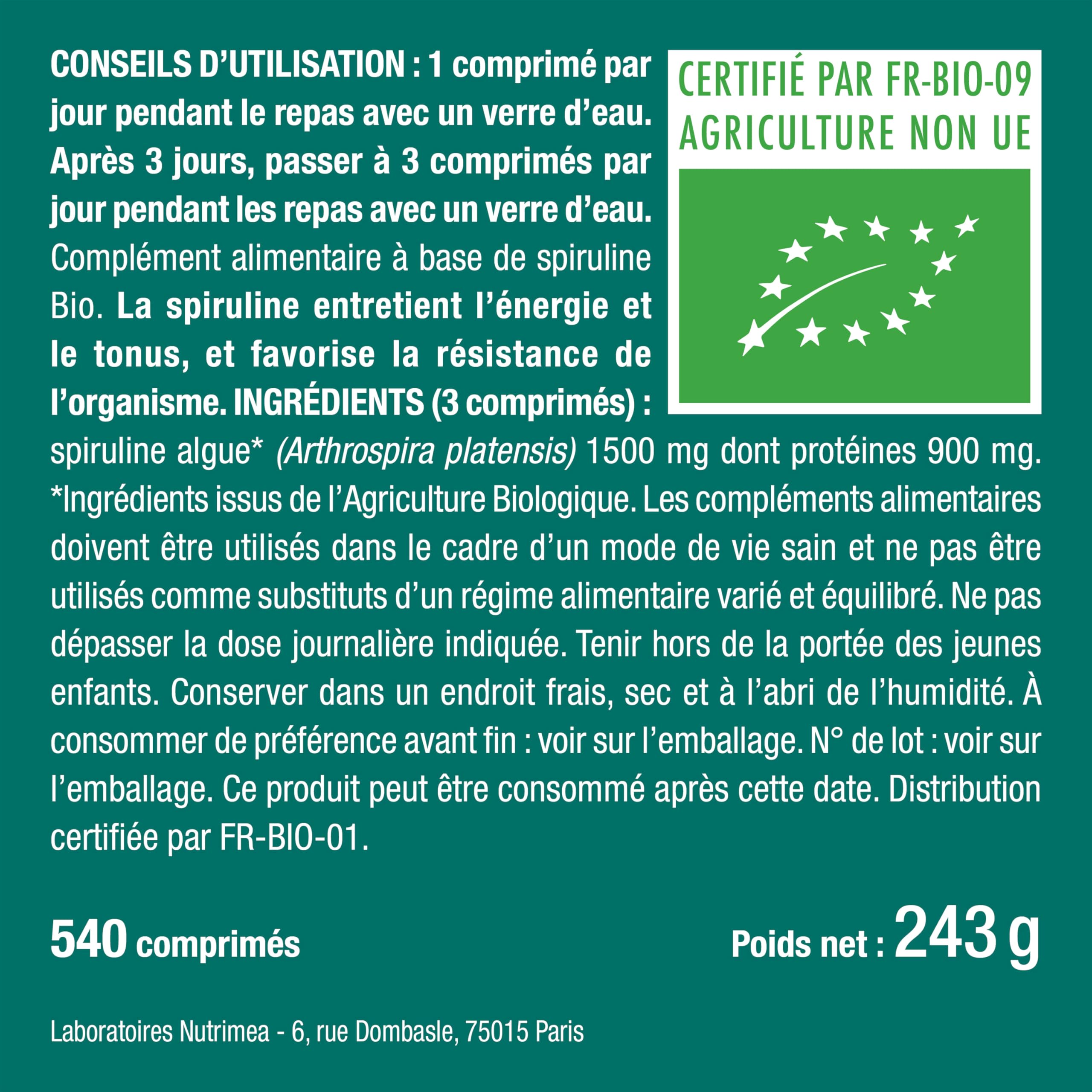 Spiruline Bio 180 Comprimés – Complément Alimentaire Nut