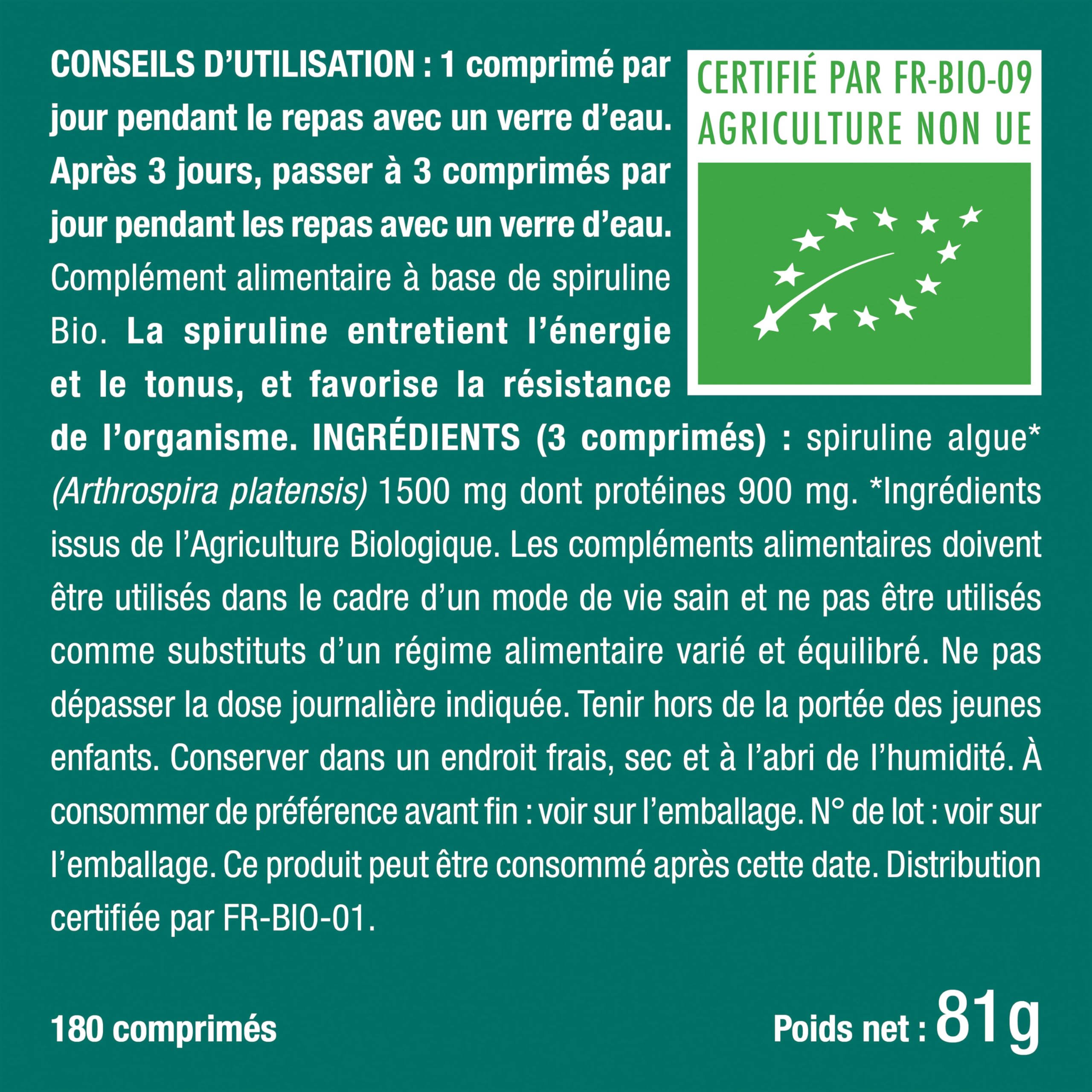 Spiruline Bio 180 Comprimés – Complément Alimentaire Nut