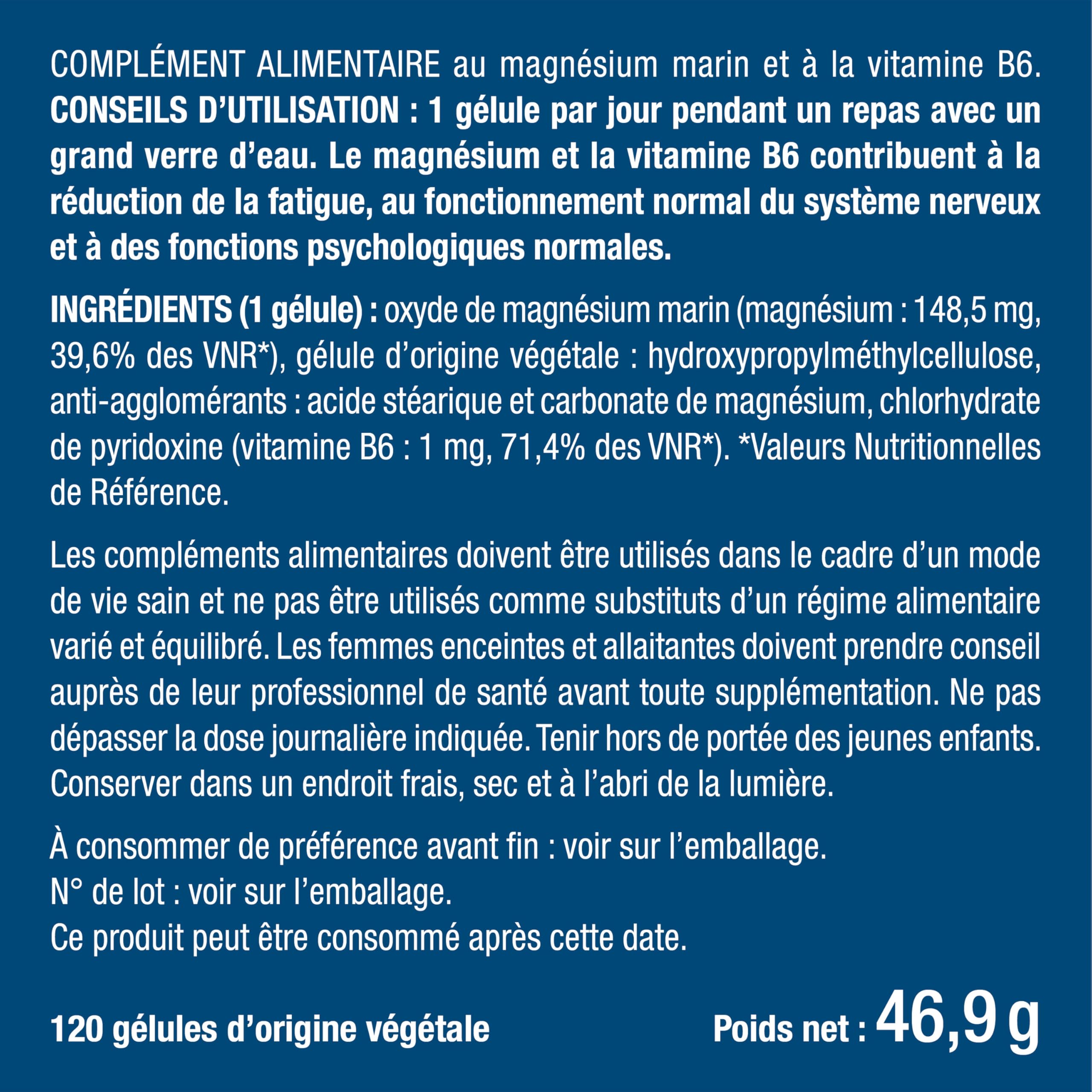Magnésium Marin et Vitamine B6 – 120 Gélules Nutrimea